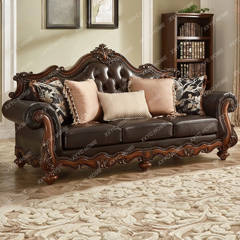 

Кожаный диван K для большой квартиры, гостиной, с резьбой по дереву, модель N304