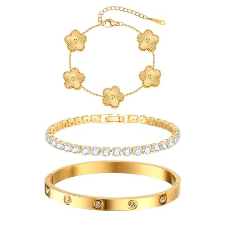 

Womens Stackable Floral Bracelets - 3Pcs 18K Plated Bracelet, Stainless Steel Bangle Bracelets Non Tarnish, Bracelet Set Trendy