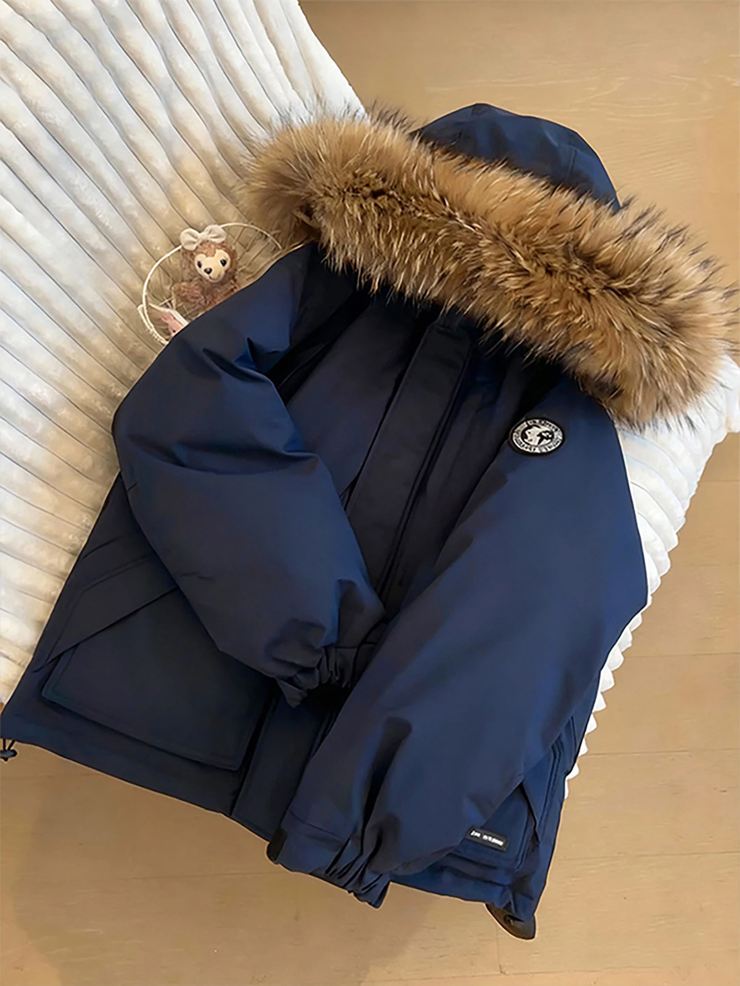 

Thiened Blue Workwear Parka down Cotton Jaet Men Winter Hooded Large Fur Collar Cotton Clothes Anti-Cold Coat