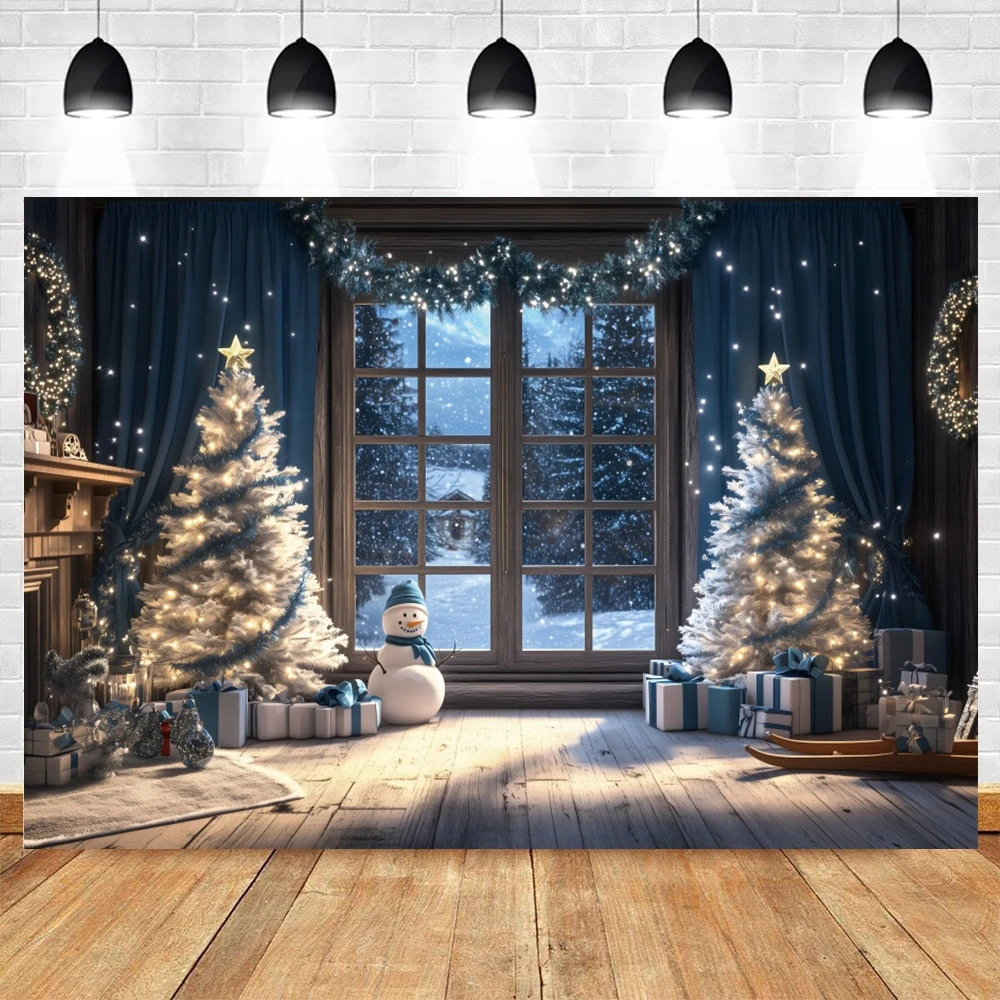 Christmas Photography Backdrop Winter Window Blue Curtain Night Xmas Tree Gift Wreath Snowmen Family Portrait Photo Background