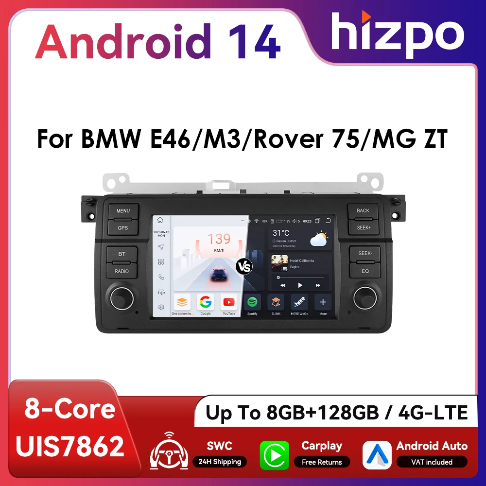 7 "HIZPO Android autoradio multimédia pour BMW E46 série 3 M3 318/320/325/330/335 1998 - 2005 CarPlay 4G BT WiFi SWC RDS DSP