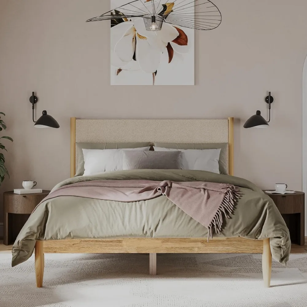 

Reign Mid-Century Modern Platform Queen Bed Frame - Taupe Boucle Upholstered Bed with Natural Solid Wood Frame