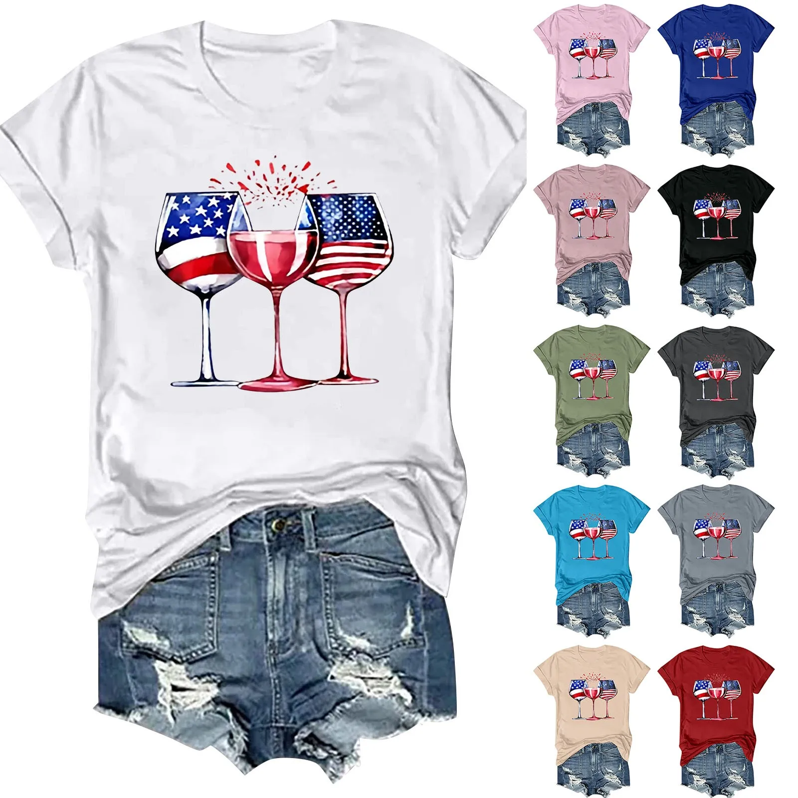 Women'S Fashionable Round Neck Short Sleeved Independent Day Printed Top T Shirt Tall Cup American Pattern Patriotism Pullovers