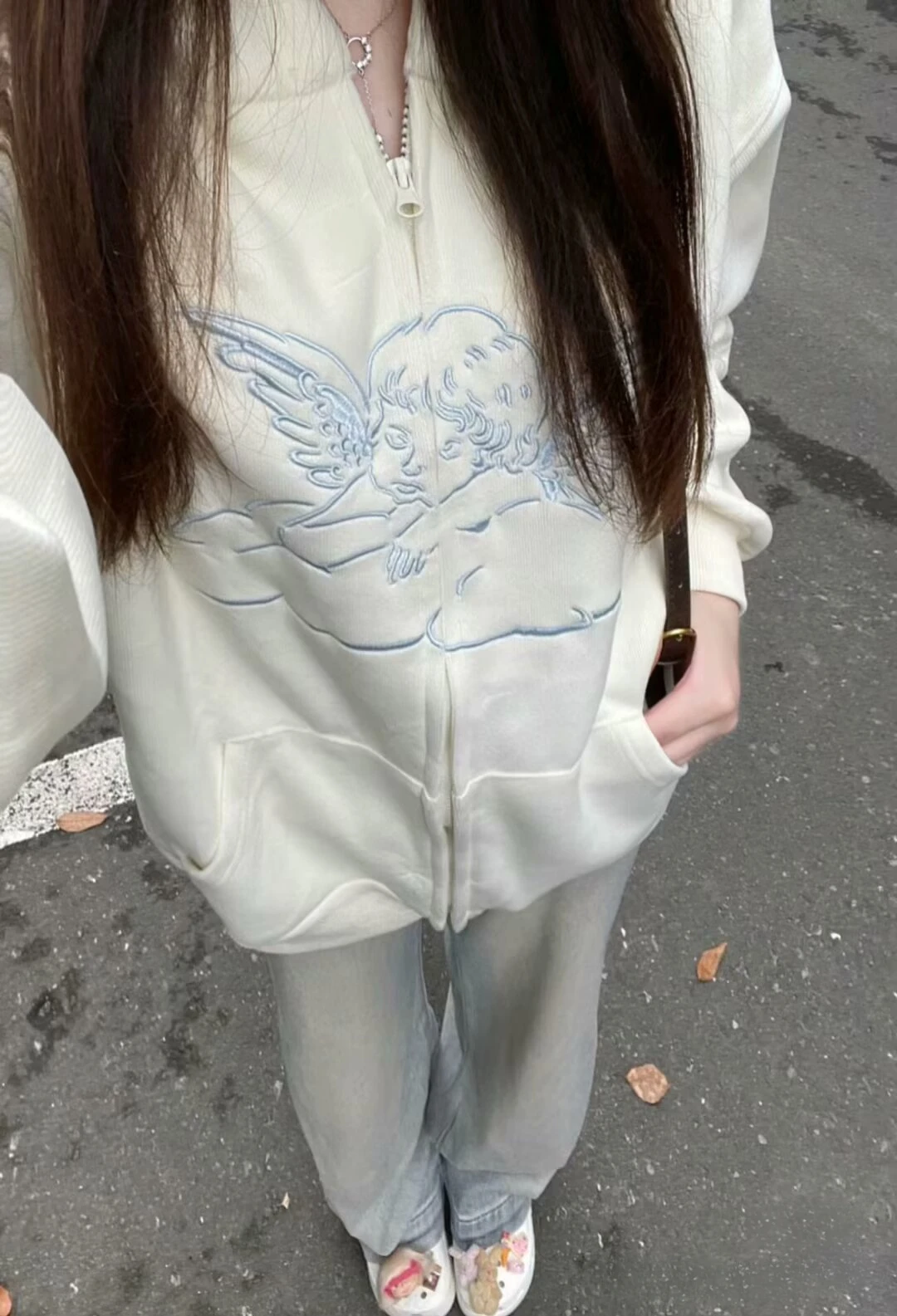 Women Angel embroidery White Simple Oversized Hoodie Autumn Long Sleeve Pocket  Pullover Streetwear Sweet Cotton Sweatshirt Tops