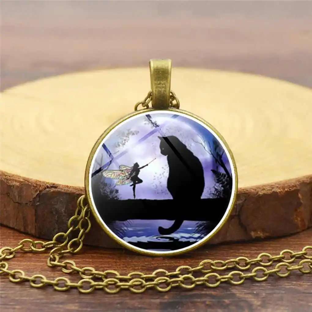 Women Retro Round Glass Pendant Sweater Necklace Cat Printed Couple Chain Girl Women Gift Jewelry