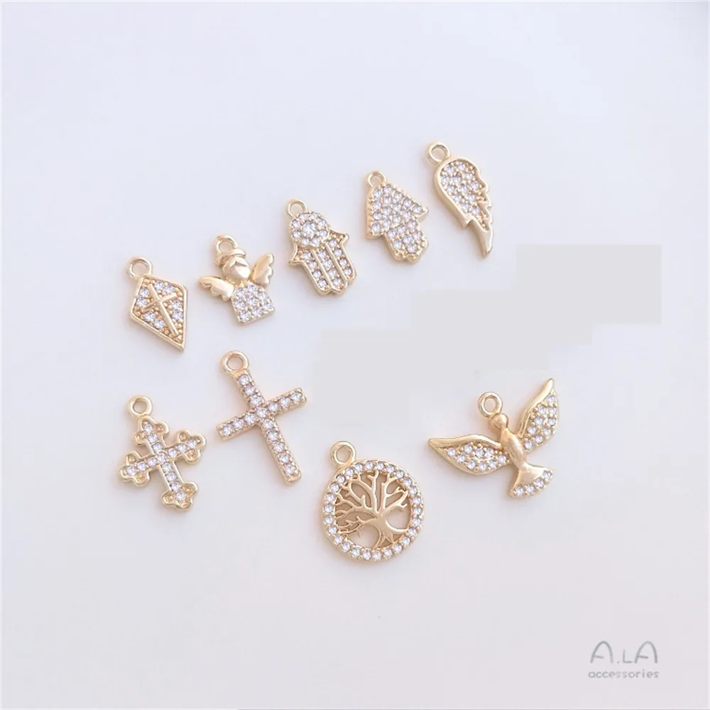 Micro-set zirconia small charm series 14K clad gold angel eyes palm cross wings jewelry pendant