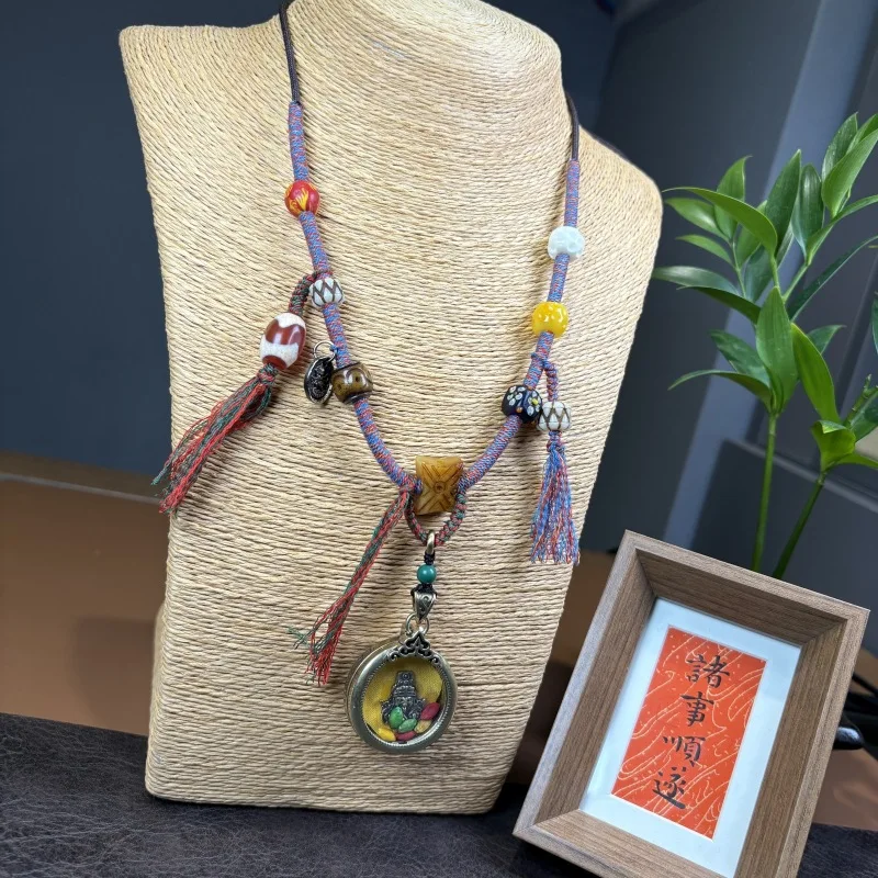 New Tibetan Style Zaji Lam Wealth God Thangka Pendant Handmade Braided Rope Vintage Necklace Hot Selling
