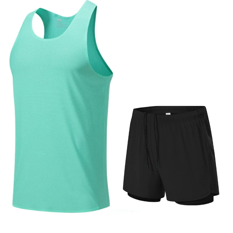 

Men's Sports Suit Quick Drying Elastic Outdoor Track and Field Training Fitness Vest Double-layer Shorts Men's Marathon Set