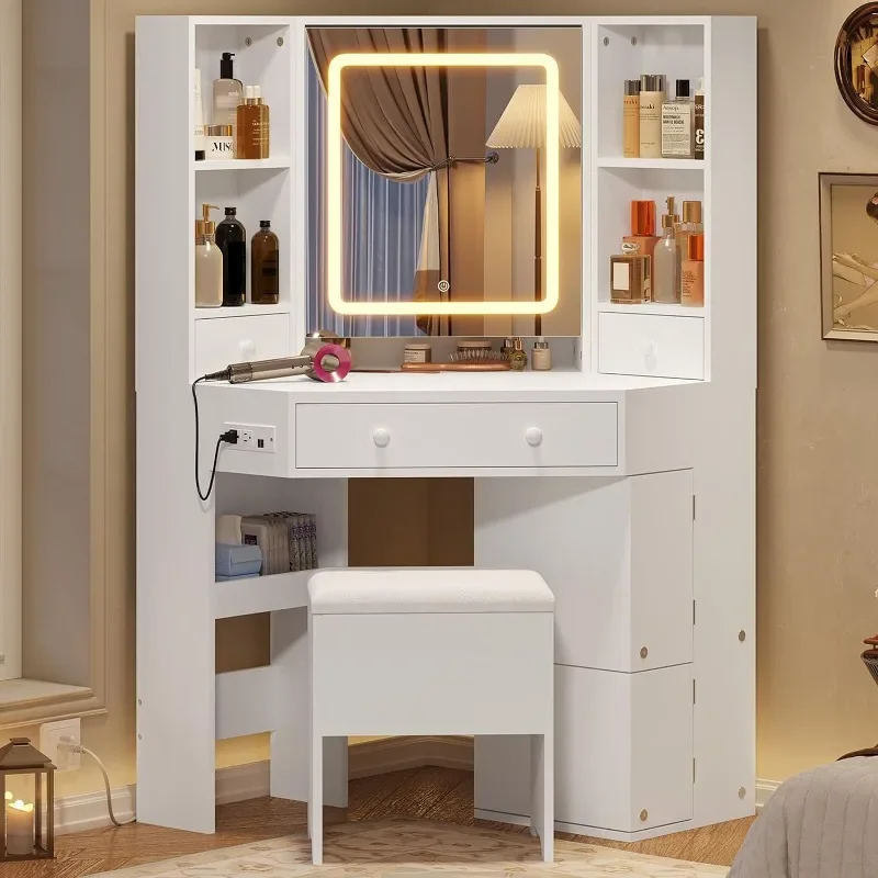 Corner Vanity Desk with ed Mirror, Makeup Vanity with s and Charging Station, Vanity Set with Mirror and Storage Stool