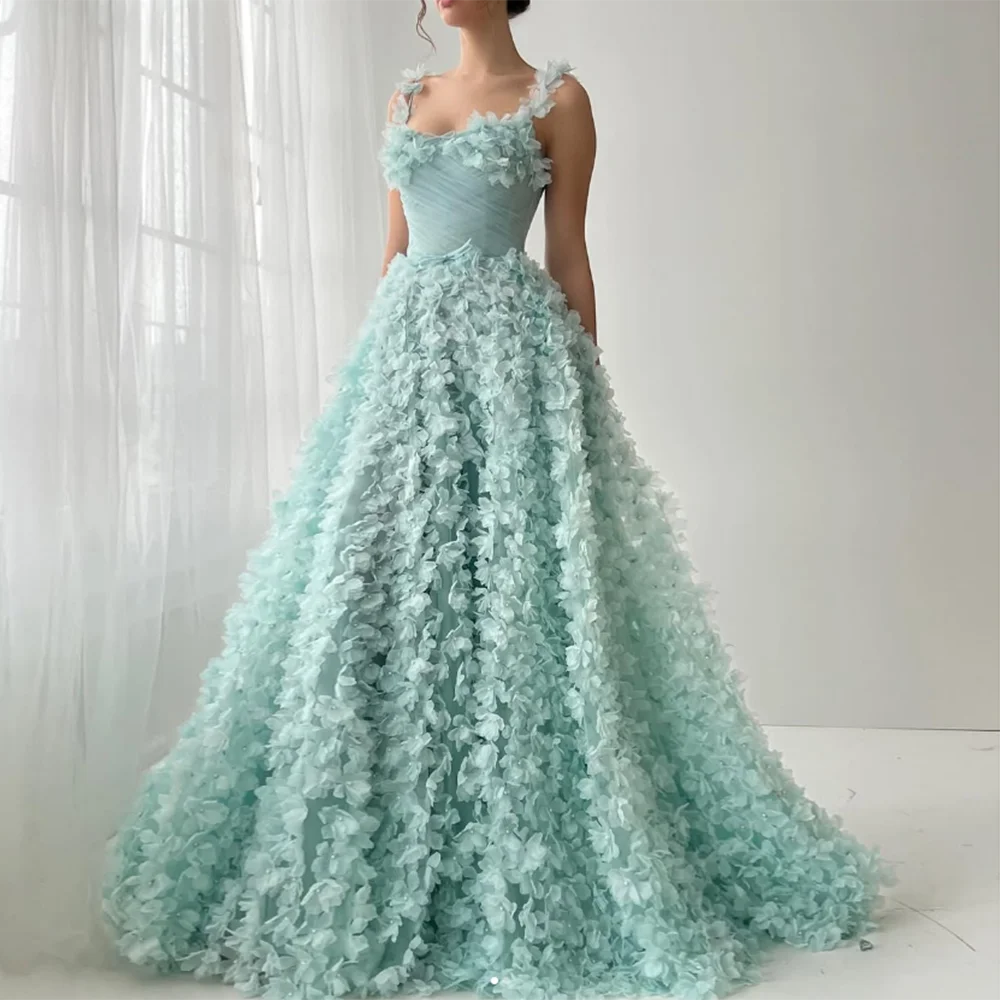 

Customized V-neck Evening Dresses Modern Backless Pleat Tulle Lace Flowers A-Line Prom Gown exquisite Long spaghetti strap Dress