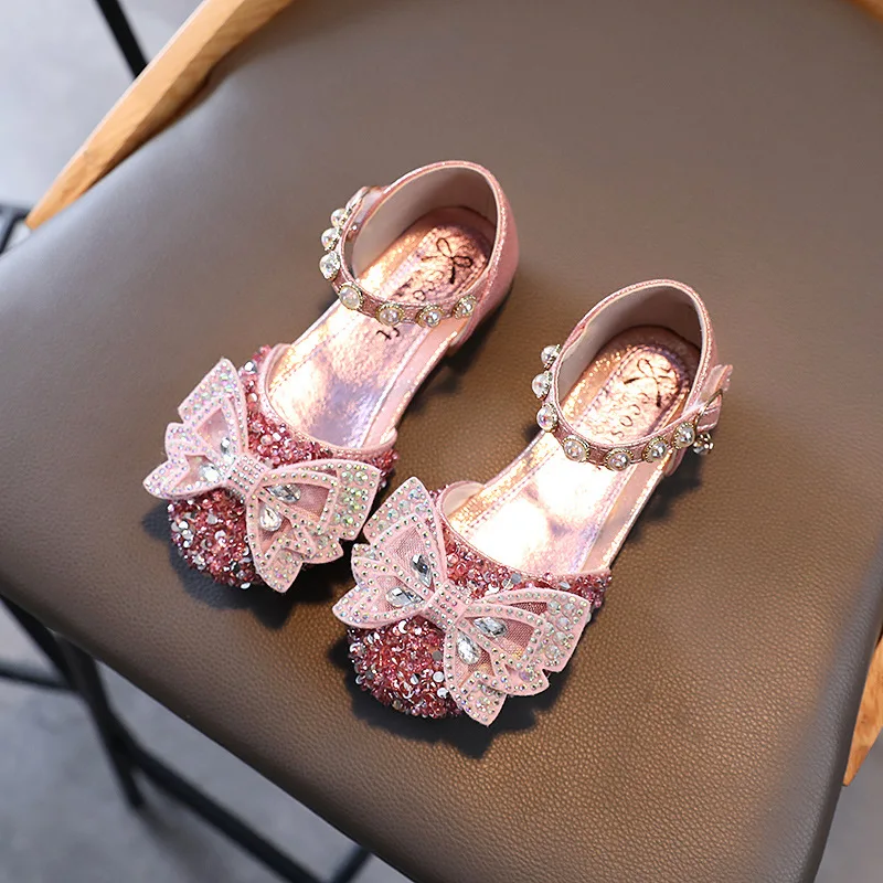 

Kids Bling Bow Flats Girls Rhinestone Strap Sandals Children Wedding Party Footwear Children Sparkle Bow Decor Flats