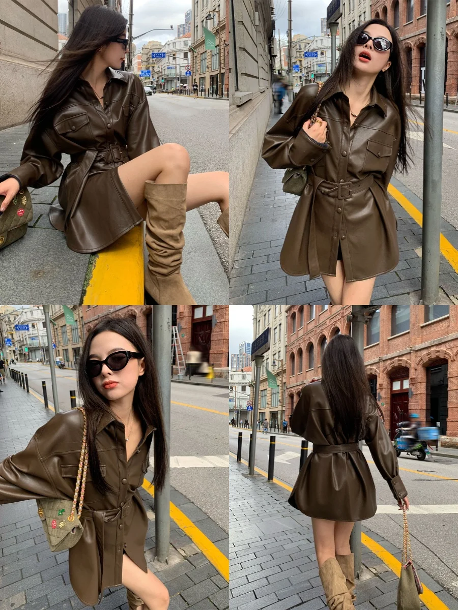ChenMiFan Women's Long Sve PU Leather Jaet Biker Sle Personali Loose Fit Waist Cinched Outerwear Faionable Coat
