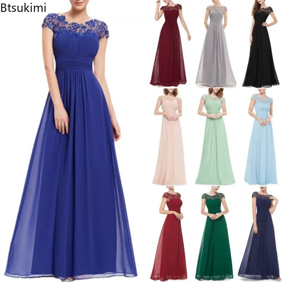 

New 2024 Women's Evening Lace Dress Elegant Bridesmaid's Long Dress Swing Dress Female Short Sleeved Retro Club Party Vestidos