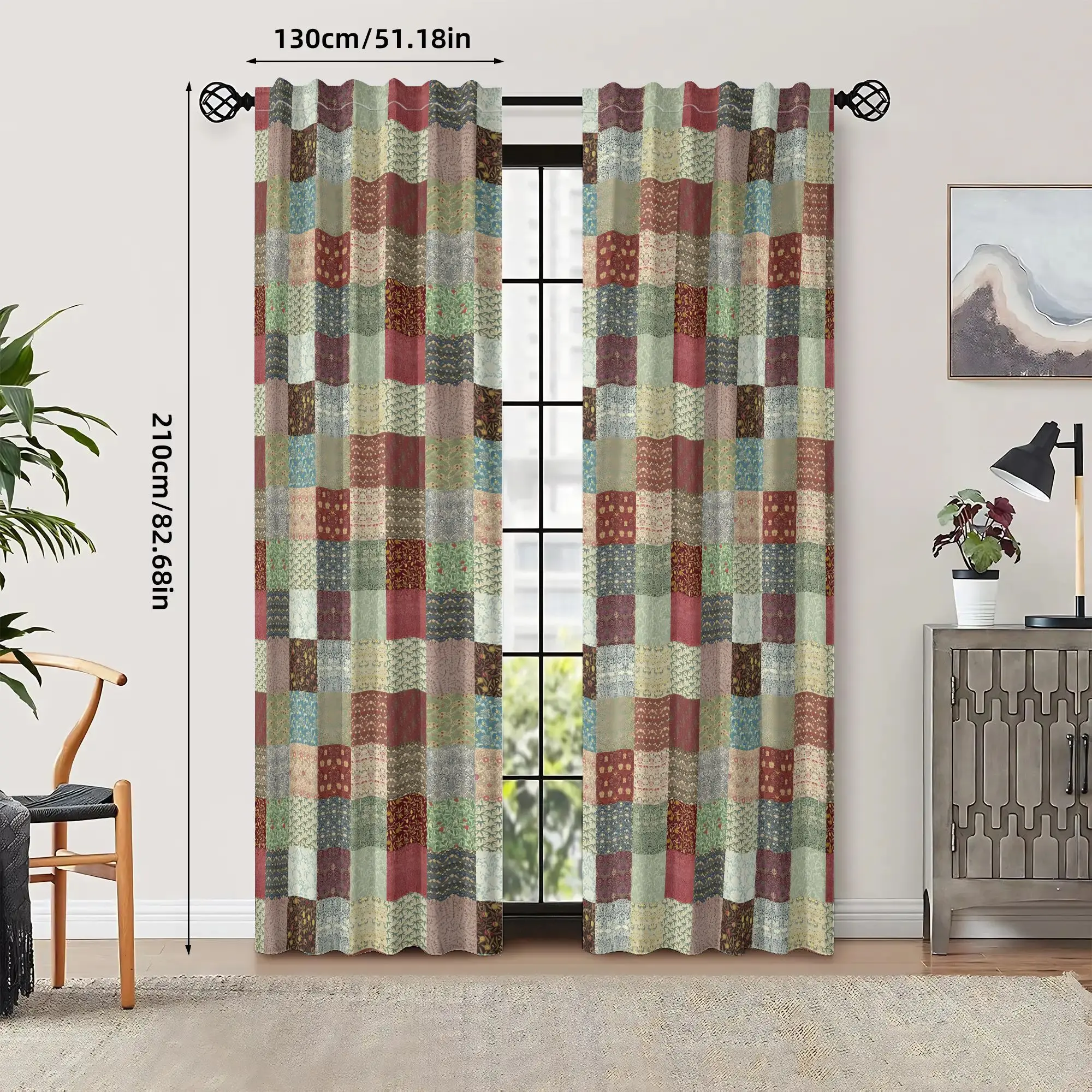 Patchwork Quilt Style Curtain Panels Rustic Farmhouse Cottage Decor Window Curtain Home Decoration for Living Room Bedroom