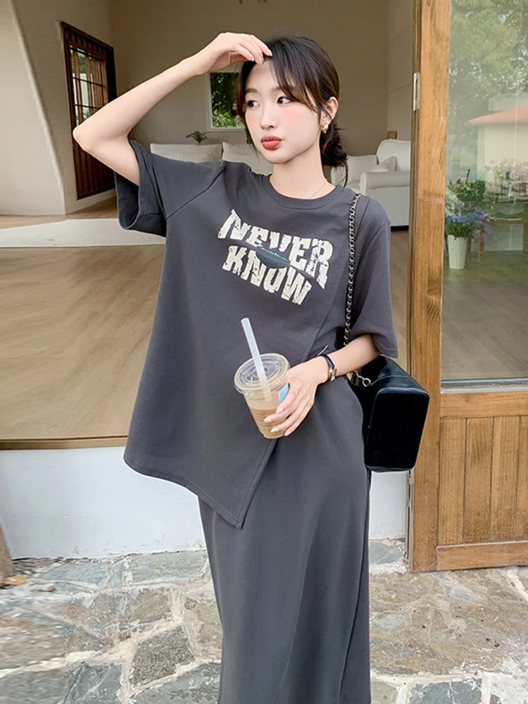 

Gray Casual Sporty T-shirt Set Summer Lazy Loose Feeling Super Slimming Half-length Skirt Two-piece Set Women's Fashion Ensemble