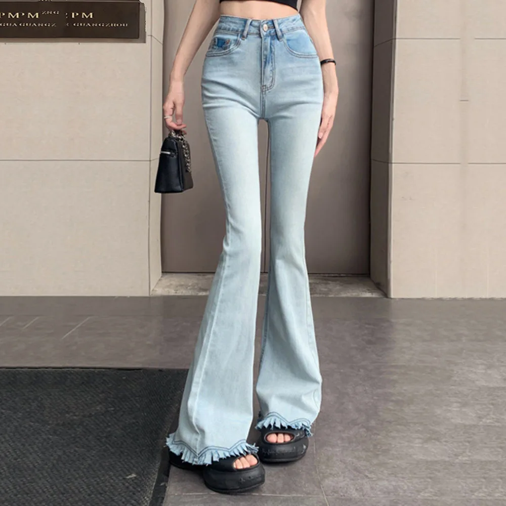 

Summer High Waist Flared Jeans Women's Light Blue Skinny Hot Girl Denim Trousers Ladies Slim Fashion Mopping Tassel Casual Pants