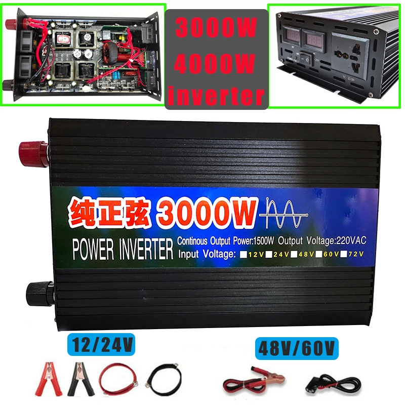 Pure Sine Wave Inverter 3000W/4000W Power Solar Inverters Dc 12V to AC 220V Voltage Converter Transformer for Home/Outdoor/RV