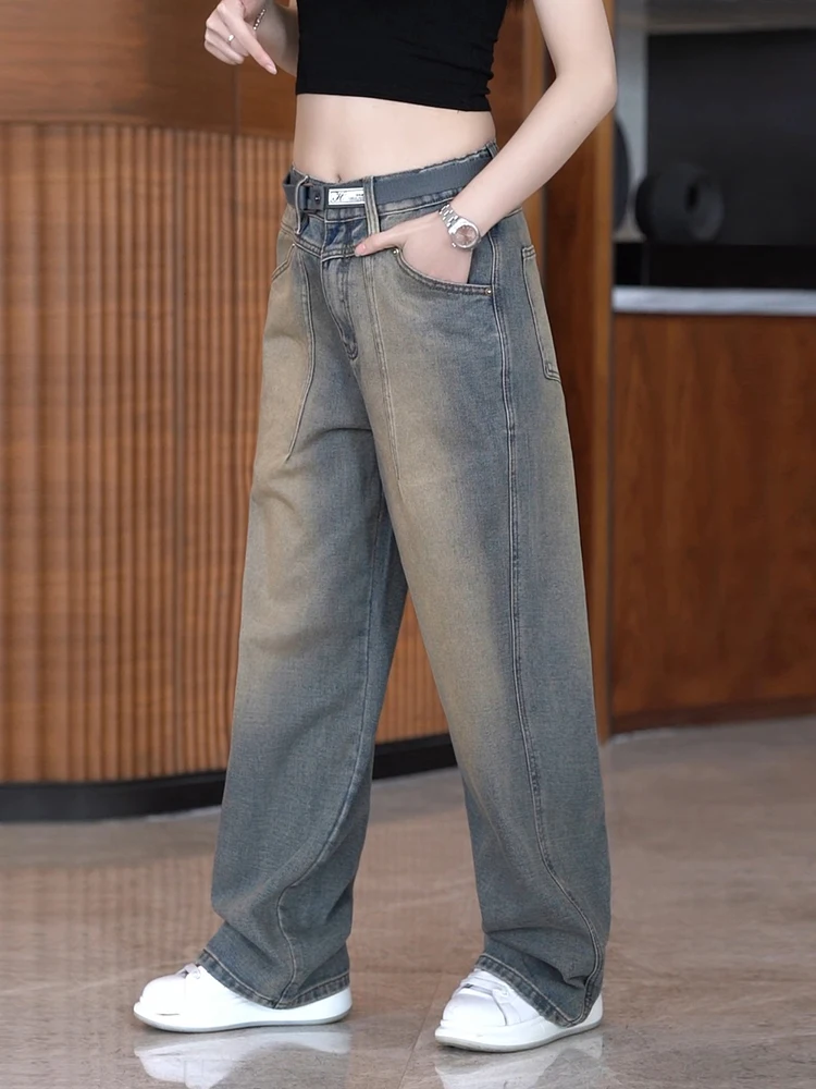 

Мужские джинсы в стиле ретро, американские, из денима, свободные, широкие штанины, желтые, повседневные, прямого кроя