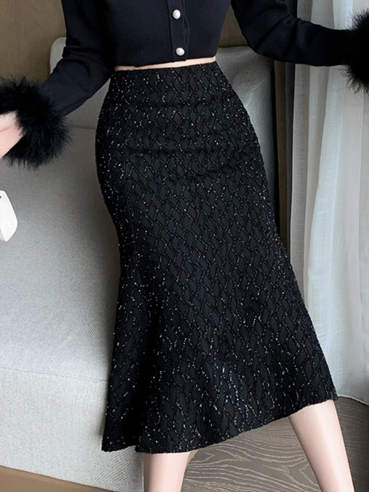 

Autumn Winter All-match Black Long Mermaid Skirt High Waist Ruffles Mermaid Black Skirt Slim Female