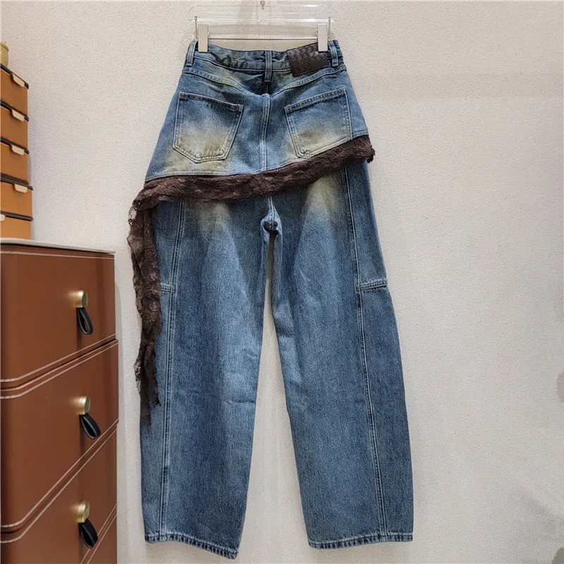 ANJY Spring Autumn New Women Vintage Design Loose Lace Patchwork Denim Pants Tide Washed Distressed High Street Ins Jeans A27460