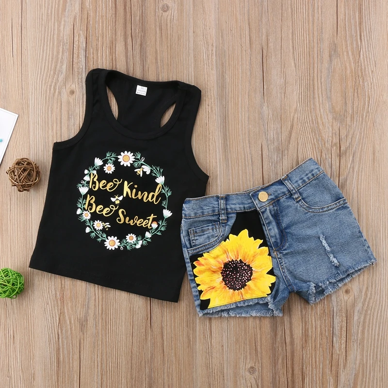 

Girls Summer Kids Baby Girl Print T-shirt Tops Vest+Denim Jeans Pants Shorts Set Floral Denim Outfits Set Clothes