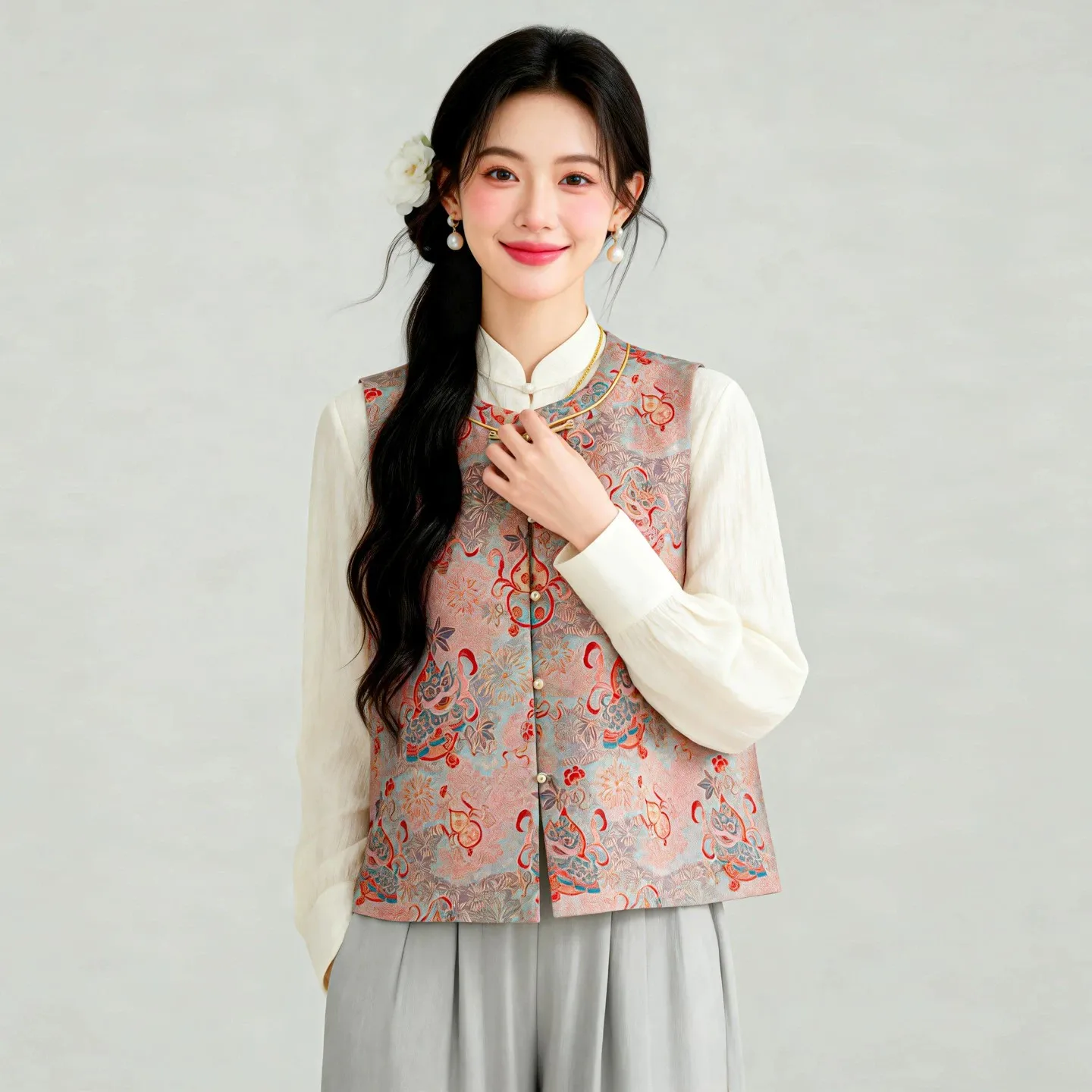 Winsleter-100%Real Silk Song Brocade Elegant Vest Coat, O Neck Cartoon, Women New Chinese Style Waistcoat, 2026 Autumn C69201CC