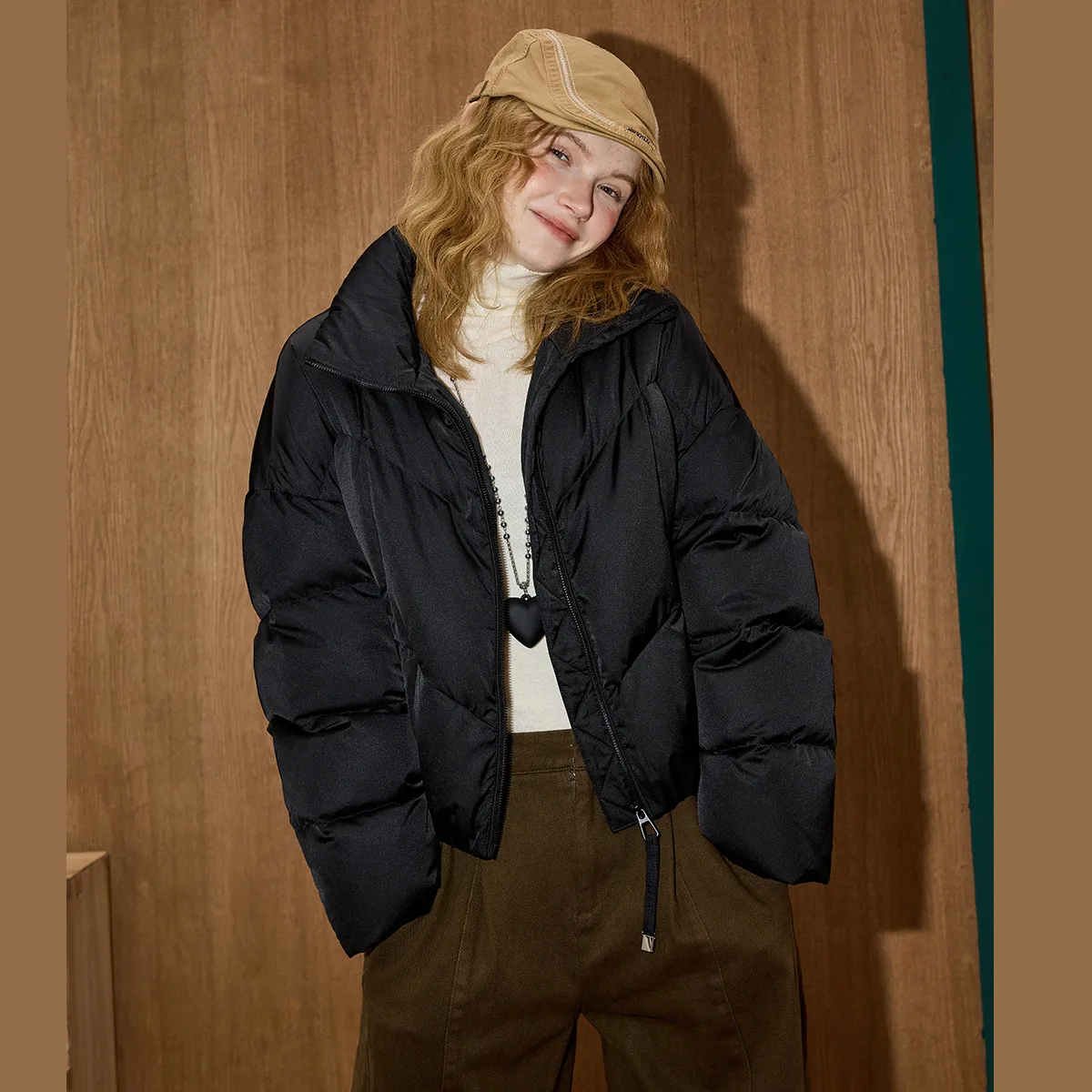 2025 الشتاء المرأة 90% أسفل ملء سترة منفوخة الوقوف طوق بلون سترة المتضخم فضفاضة تناسب معطف تنوعا نفخة الأكمام #3