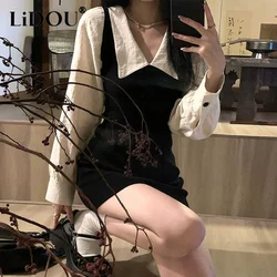 Spring Autumn Preppy Style Polo-neck Patchwork Bodycon Robe Femme Long Sleeve Elegant Fashion Mini Dress Ladies Sweet Vestidos