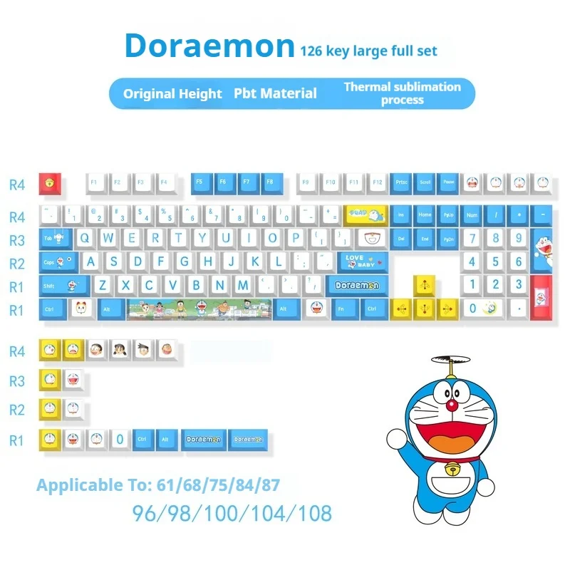 Imagem -03 - Keycaps Temáticos Doraemon 126 Teclas Perfil Cereja Pbt Sublimação Térmica Teclado Mecânico Anime Azul Keycaps Jogo 2024