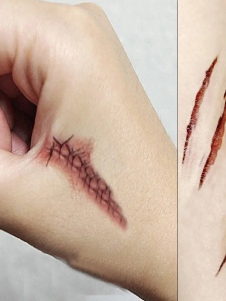 Tatuaje impermeable Stiers loween Par herida Reatic mancha de sangre cicatriz broma Stiers aguja costura aspecto auténtico