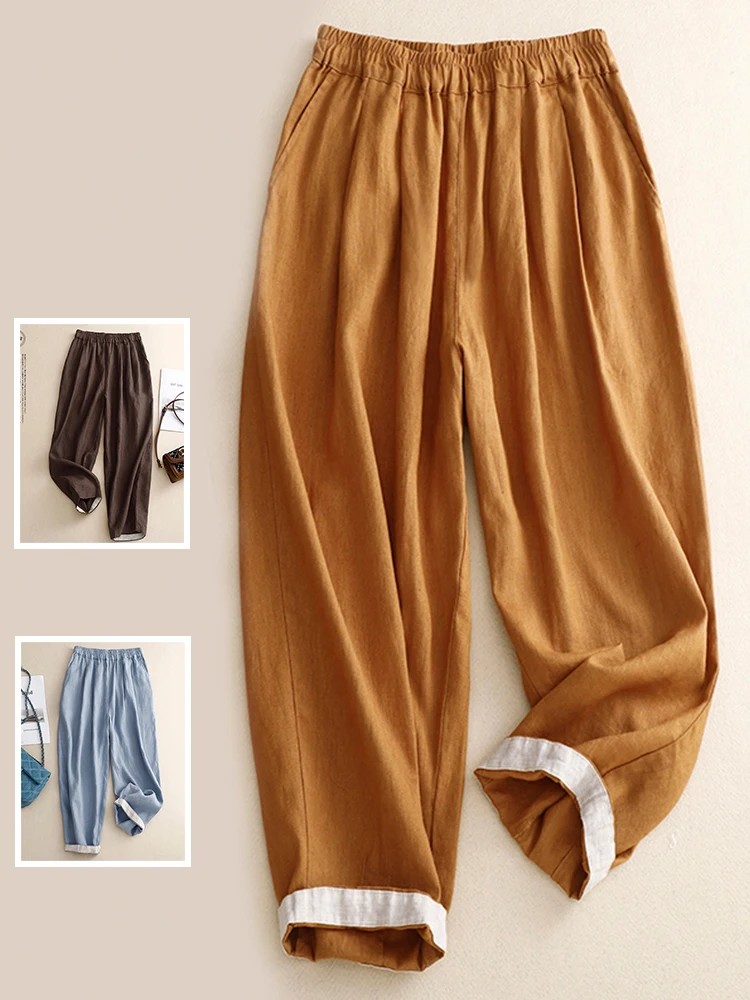 

Casual Cotton Linen Wide Leg Pants Elastic Waist Belted Slimming Cuffed Nine Points Harlan Carrot Pants Artistic Large Size W...