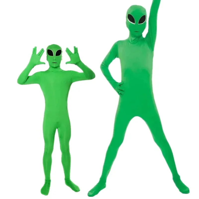 Kids Adult boys AND Alien Cosplay Suit Green Zentai body suit Jumpsuit and Helmet Suit Halloween Party Clothing