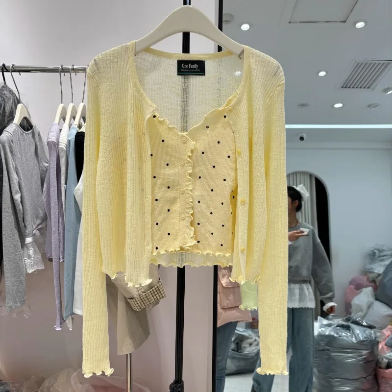 

Korean Style Sweet Polka Dot Camis +thin Slim Cardigan Two-piece Set for Women 2025 Summer Petite Size Long Sleeved Matching Set