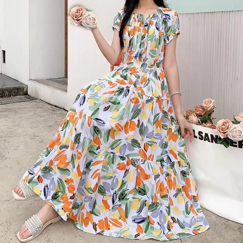 مثير مائل الرقبة فستان طويل المرأة الصيف الملابس الهندية البوهيمي القطن طباعة الأزهار بوهو الكورية الاسلوب المناسب تنورة كبيرة غير رسمية