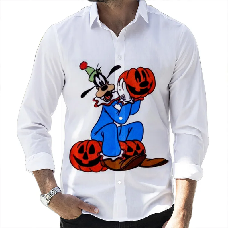 2022 New Halloween Fall Popular Disney Brands Goofy and Mickey Casual 3D Printed Long Sleeve Lapel Shirt Slim Fit Men\'s Top