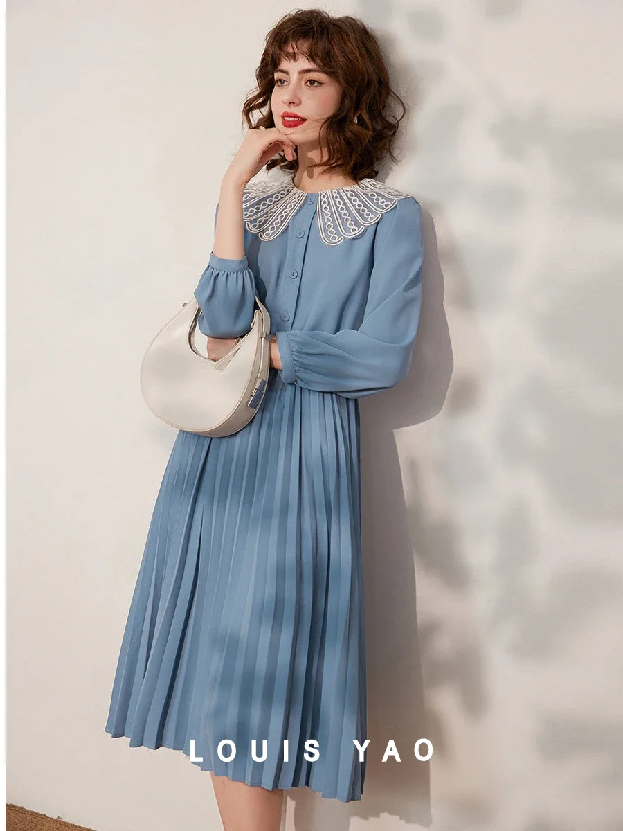 

LOUIS YAO Women Dress 2024 Spring New Elegant Round Neck Long Sleeve Lace Knee Length A-LINE Long Pleated Dress for Women