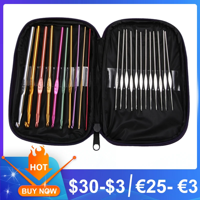 22pcs Multi Coloured Aluminium Crochet Hooks Knitting Needles Set Weave Craft with Bag Embroidery Needlework Supply