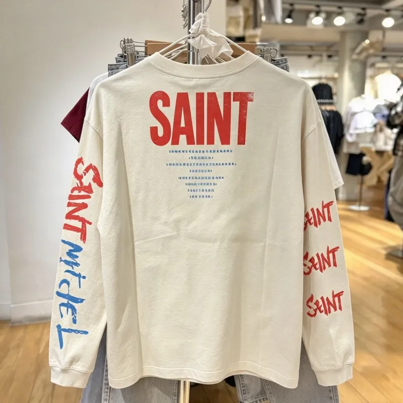 Straw Hat Portrait Square Print Paint Graffiti Letters Logo Saint Long Sleeved Tshirts White Ink Direct Spray Tee Men Women