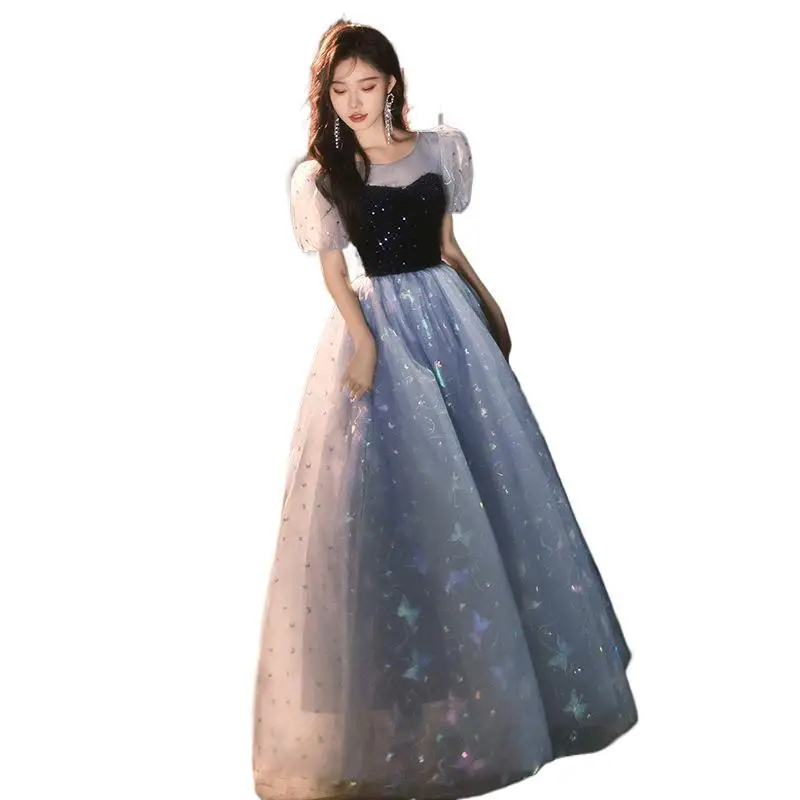 Bling azul vestido de noite brilhante borboleta lantejoulas mangas puff vestido de princesa doce contraste cor vestidos quinceanera 2025