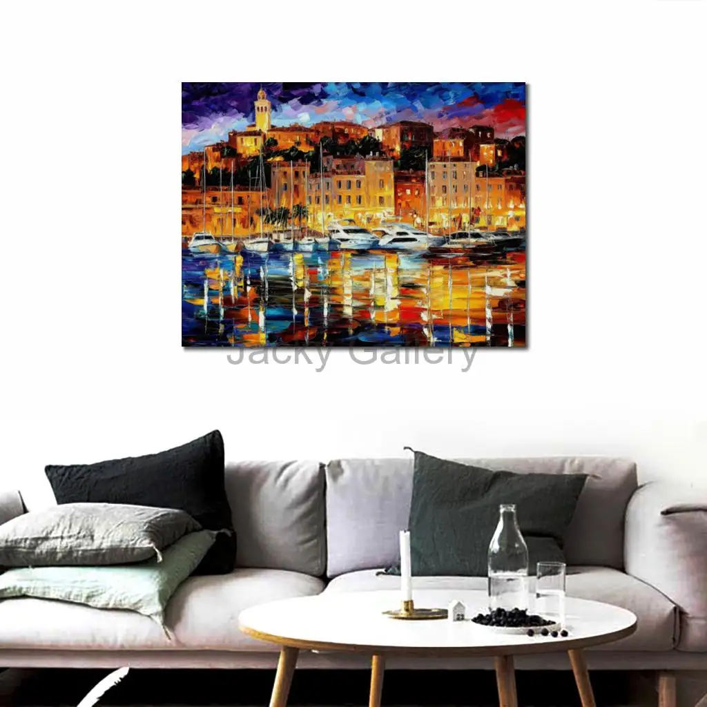 Hand Painted Textured Oil Painting Cannes France Abstract Coastal Landscape Large Canvas Wall Art for Family Room Modern Decor