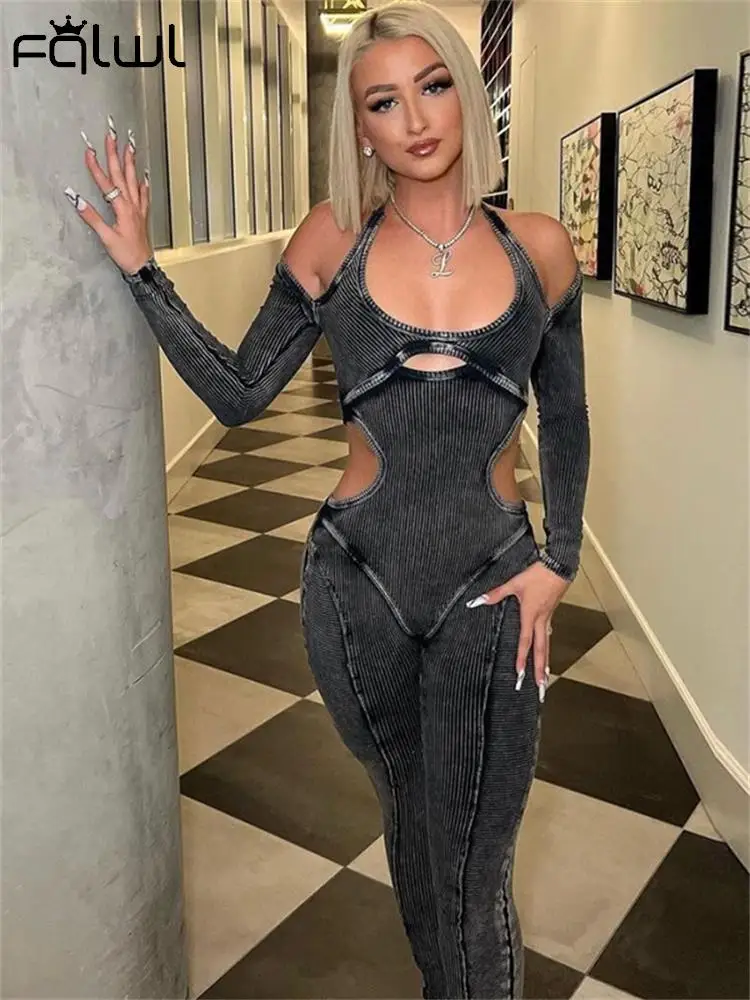 

Habbris Fall Black Fashion Bodycon Jumpsuit Street Y2k Clothing For Women 2023 High Waist Patchwork Hollow Out Causal Jumpsuits