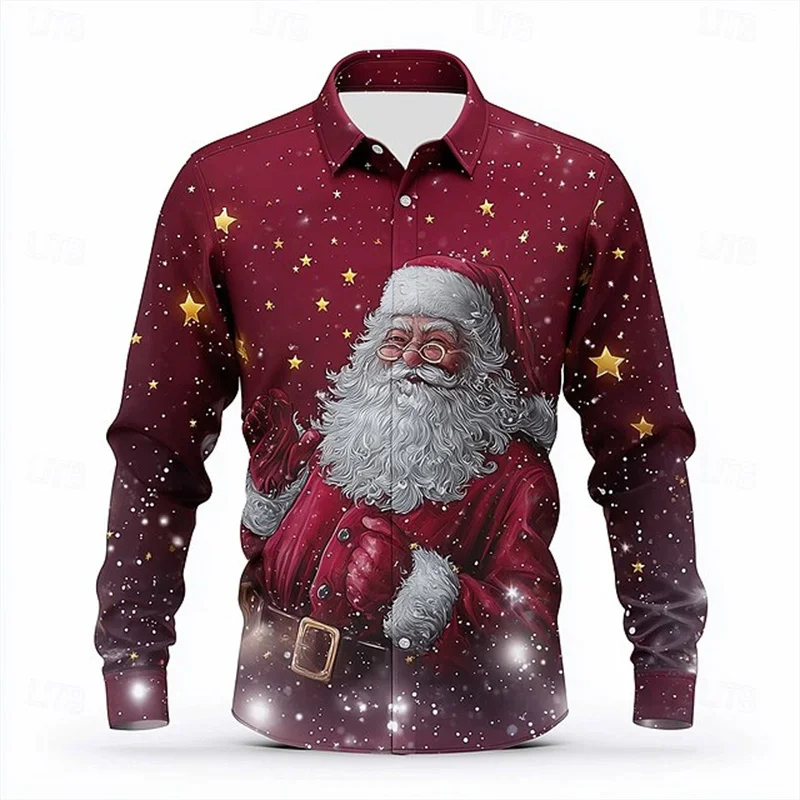 Christmas Men's Snowman Snowflake Shirt Button Long Sleeve Fun Outdoor Festival Autumn Winter Lapel 3D Printed Shirt Red