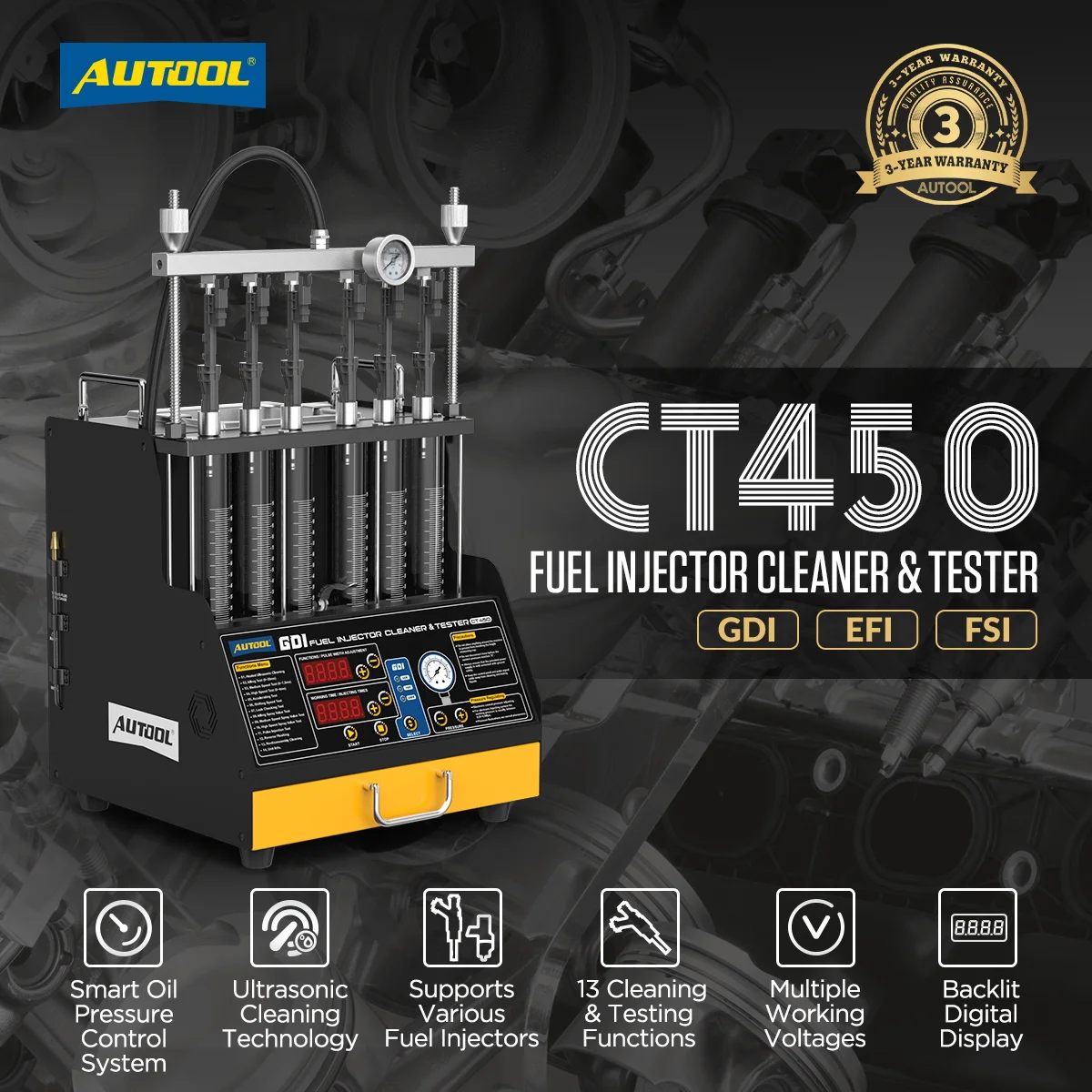 

AUTOOL CT450 GDI EFI FEI Fuel Injector Cleaner & Tester Machine Backlit Digital Display Ultrasonic Injector Cleaner 110V/220V