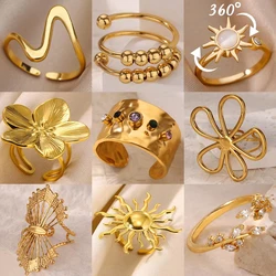 Colored Zircon Large Flower Stainless Steel Rings Sliding Crystal Wide Band Ring Women Wedding Chunky Jewelry Accessories Gifts