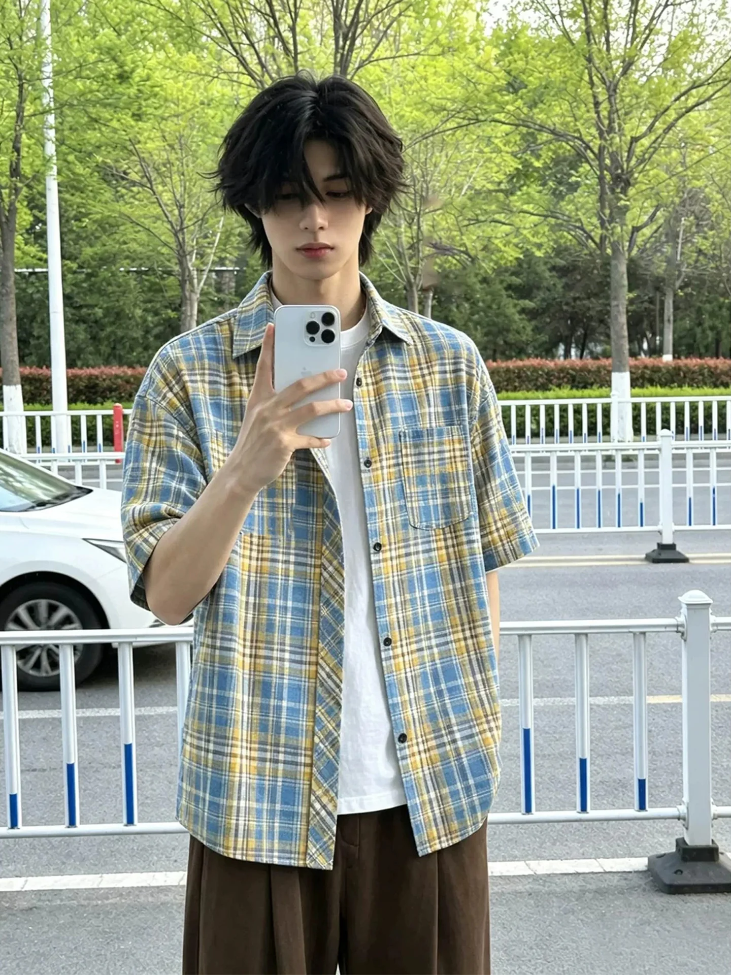 

Preppy Plaid Shirt Short Sleeve Turn-down Collar American Retro Casual Outerwear for Men Summer Youth Fashion Polyester Cotto...