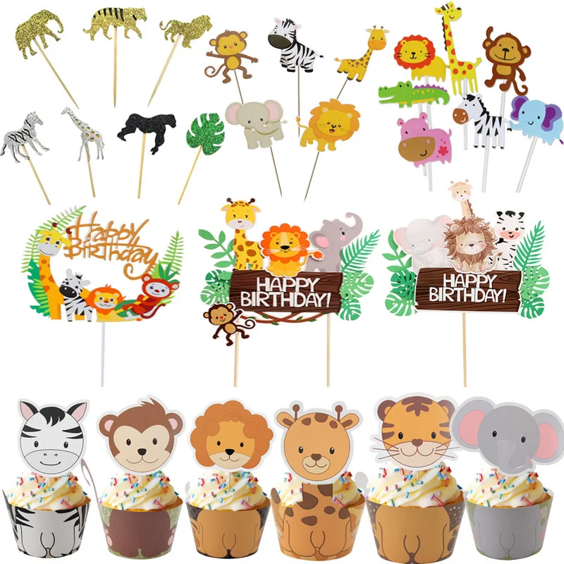 Safari Animals Cake Toppers Cartoon Giraffe Lion Zebra Cupcake Wrapper Jungle Themed Kids Boy Wild 1st Birthday Party Decoration