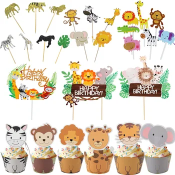 Safari Dieren Cake Toppers Cartoon Giraffe Leeuw Zebra Cupcake Wikkel Jungle Thema Kids Boy Wild 1e Verjaardag Feest Decoratie