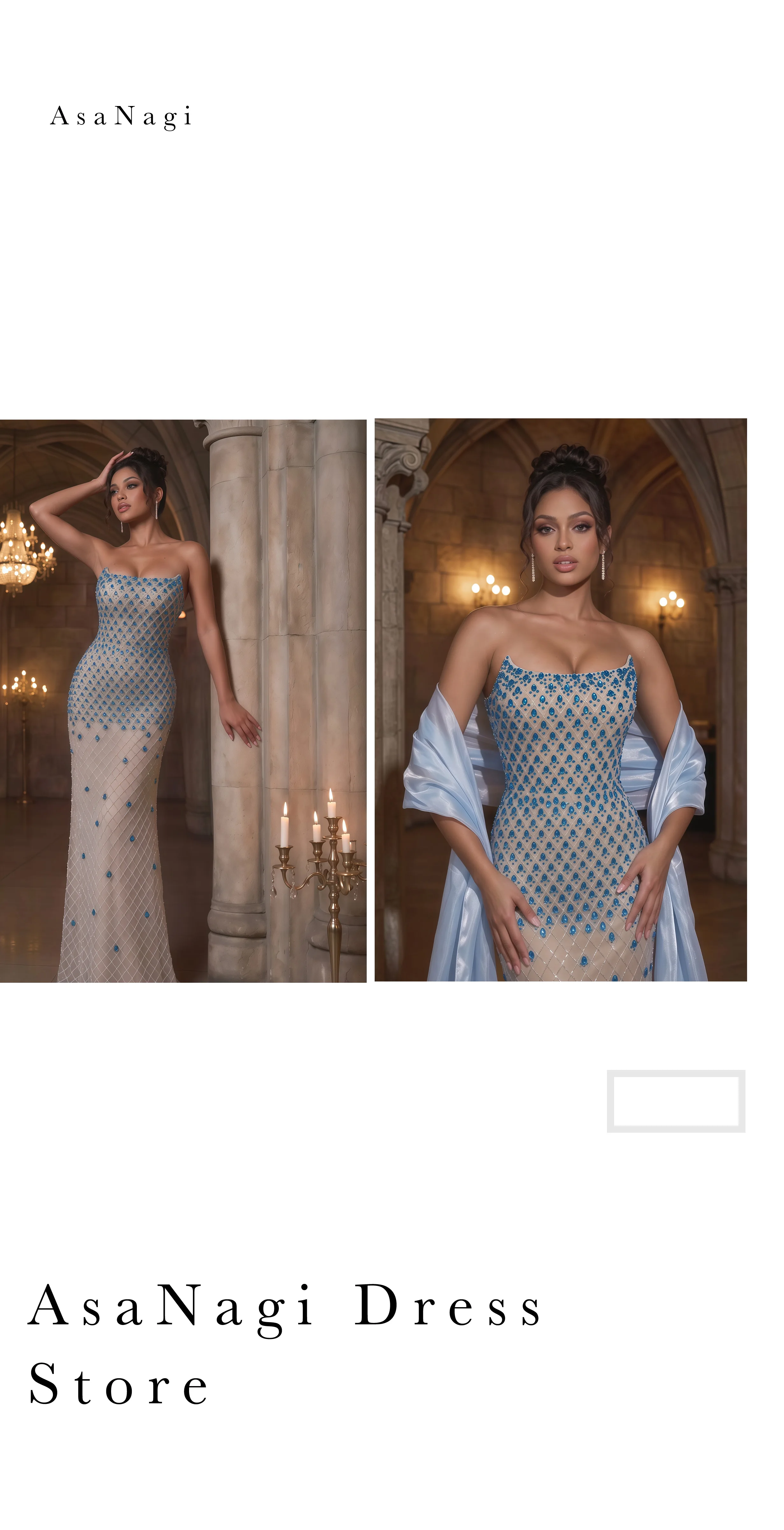 Vestido de Fiesta Sirena Glam Gala, Sin Tirantes, Malla Nude, Degradado Azul, Adornado con Pedrería y Chal de Satén Fluido