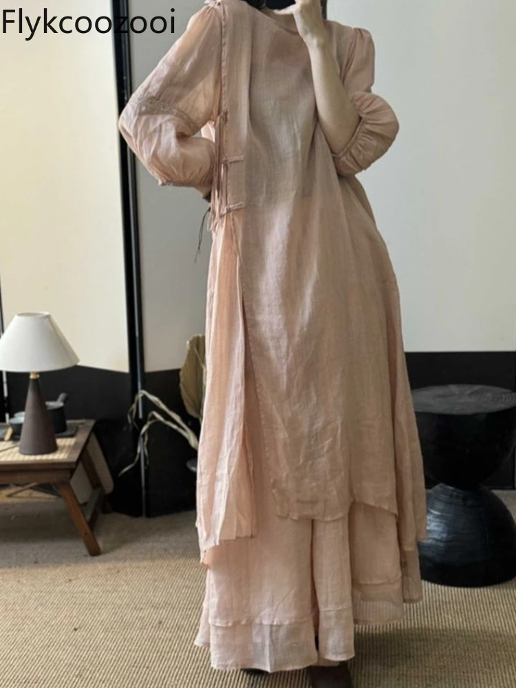 

New Chinese High Quality Ramie Hand-made Disc Buckle Lace Cotton Linen Dress and Skirt Suit 2 Piece Sets Womens Outfits Casual