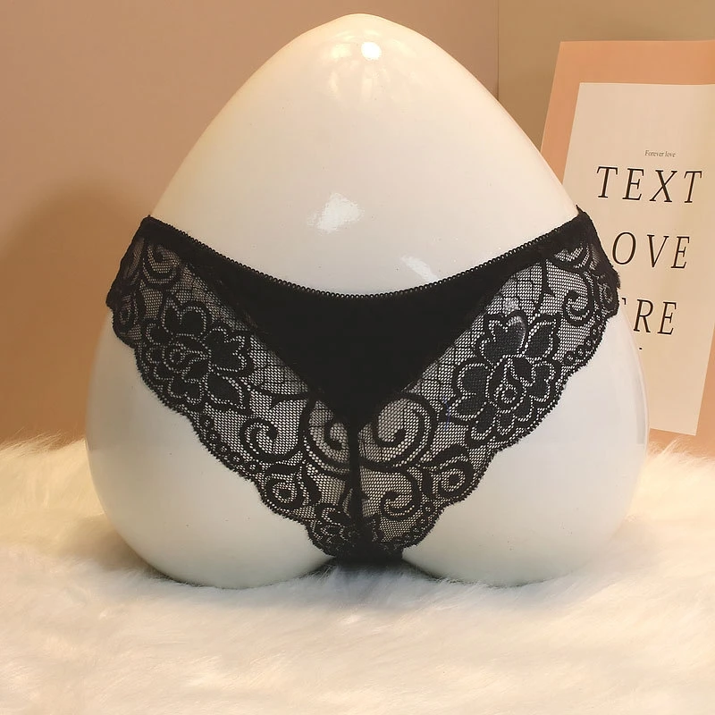 Women Floral Lace Thong Low Waist Butterfly DecorTranslucent Breathable Lace Intimate Sexy Hollow Out Briefs